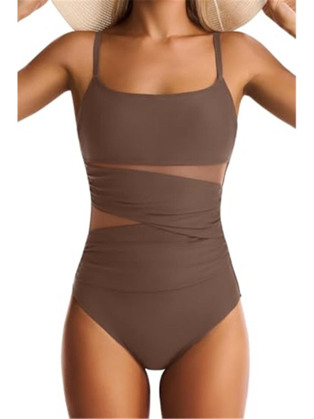 Brown Mesh Tummy Control One Piece Swimsuit Square Neck Push Up Swimwear